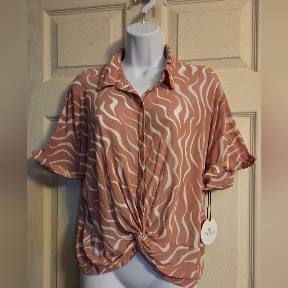 Milk & Honey Women's Knotted Button-Front Top in Dusty Rose Zebra Print